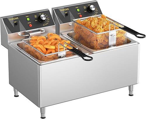 Freidora Profunda Comercial 3500W Eléctrica de Encimera 25.4Qt Freidoras de Acero Inoxidable de Gran Capacidad con Cestas Dobles, Tapa y Patas Altas