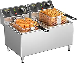 Commercial Deep Fryer 3500W Electric Countertop Fryer 25.4Qt Heavy Duty Large Stainless Steel Deep Fryers with Double Baskets, Lid and High Legs for Restaurant, UL Certified