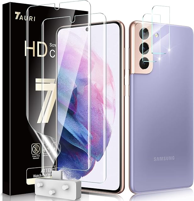 TAURI 2 Pack Flexible TPU Film Screen Protector + 2 Pack Camera Lens Protector for Samsung Galaxy S21 5G 6.2 inch HD-Clear Scratch-resistant Bubble Free