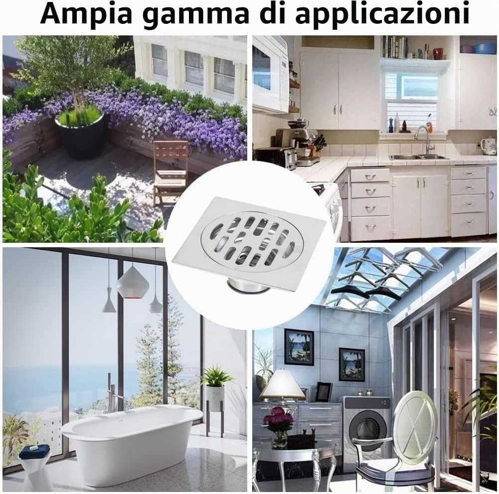 Scarico quadrato a pavimento in acciaio inox con inserto per piastrelle del bagno, anti-odore, anti-intasamento, con filtro rimovibile (stile 2)