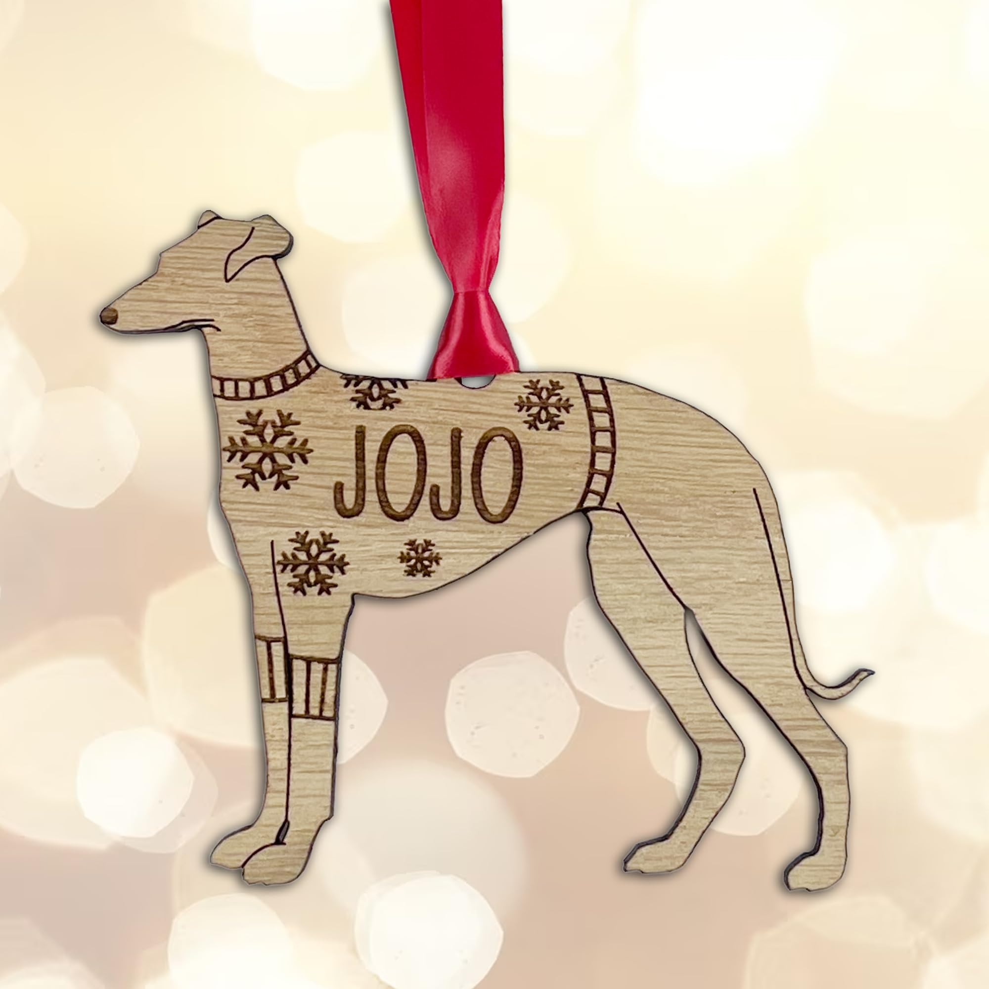 Personalised Greyhound Dog Christmas Tree Bauble Decoration, Wearing a Dog Jumper Design with Snowflakes, Customised Puppy Hanging Ornament, Oak Veneer Wood with Red Ribbon