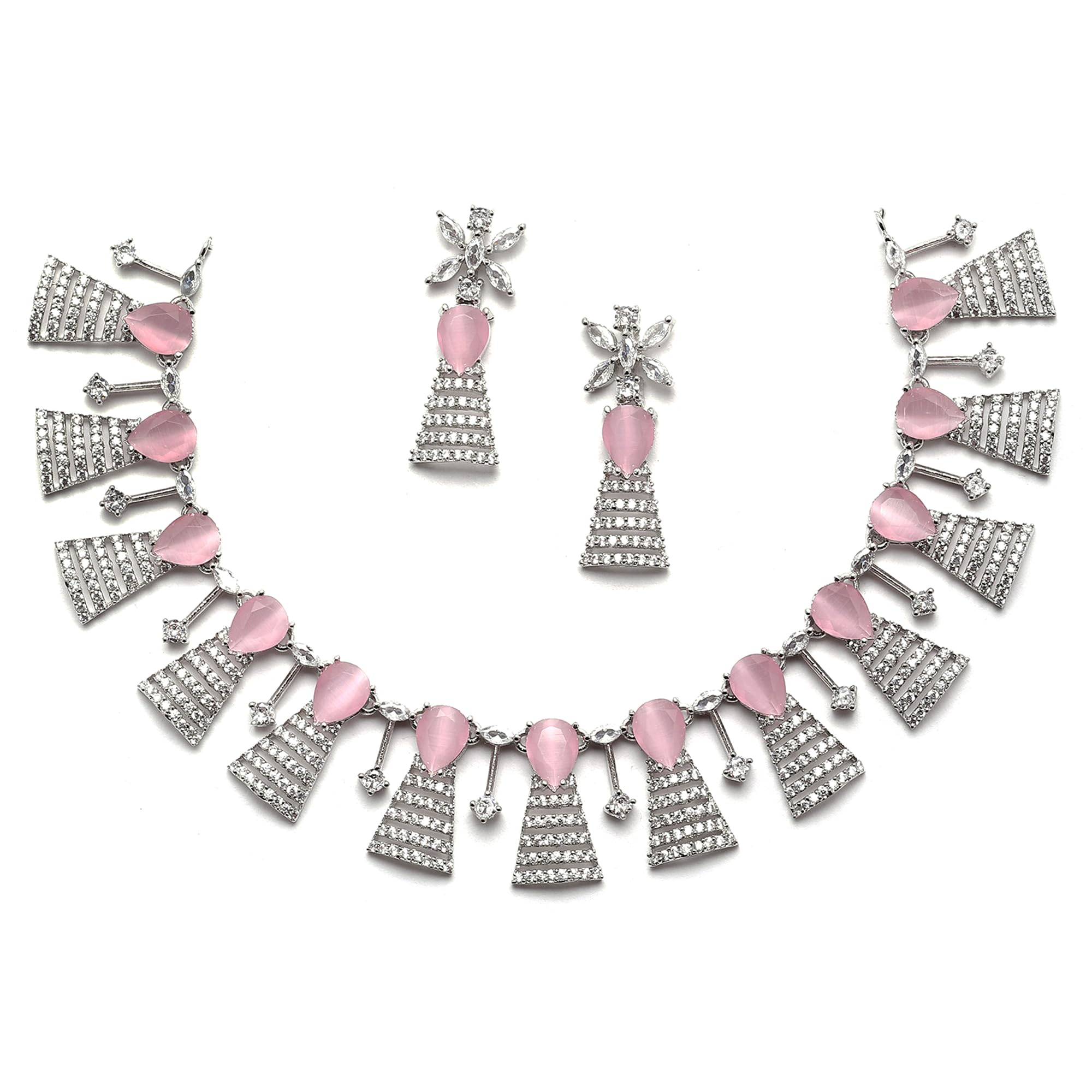 ZENEME Rhodium-Plated Silver Toned Teardrop Shaped American Diamond Studded Necklace with Earrings Jewellery Set for Girls and Women (Pink) (B0C1THYDTQ) Amazon Price History, Amazon Price Tracker