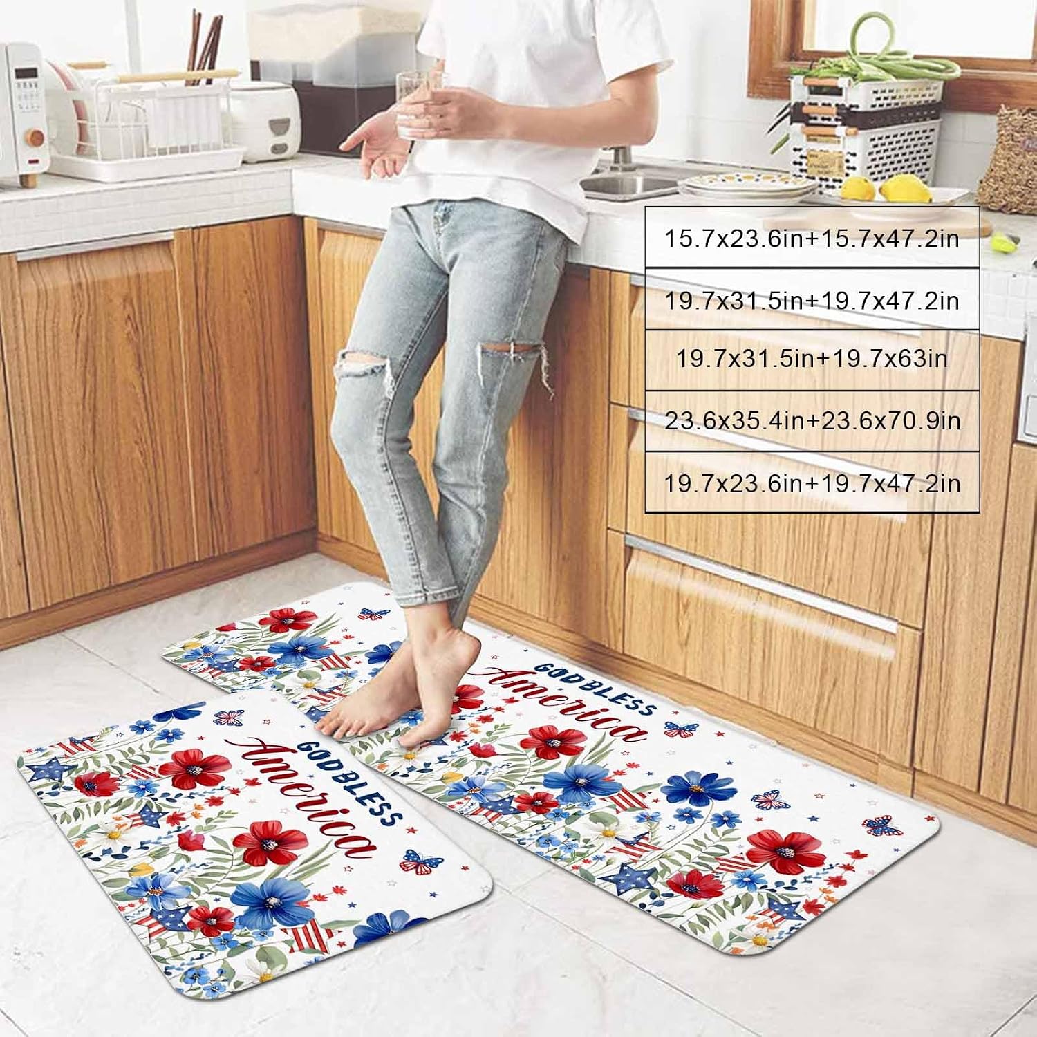 Prime Leader God Bless USA Kitchen Mat Set 2 Pieces Red Blue Daisy Butterfly Independence Day Non Slip Kitchen Rugs Washable Runner Rug Mats for Sink Laundry (19.7" x 31.5"+19.7" x 47.2")