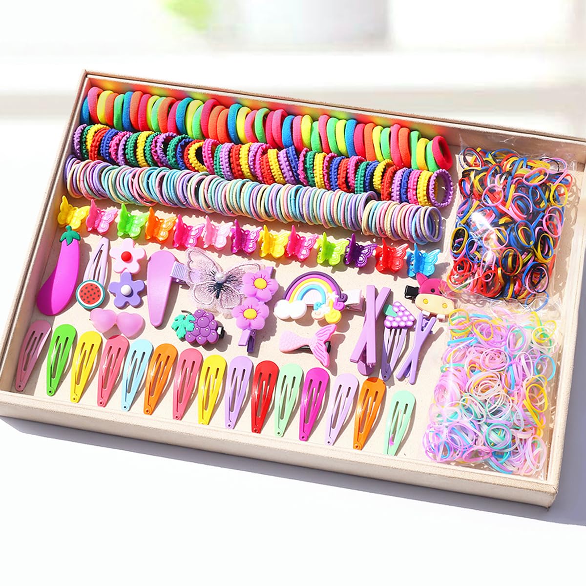 844 Pcs Hair Accessories Set For Girls,Candy Colors Nylon Hair Ties,Elastic Ponytail Holders Rubber Band For Baby Kid,Cartoon Hair Clip/Band For Thick Hair & Thin