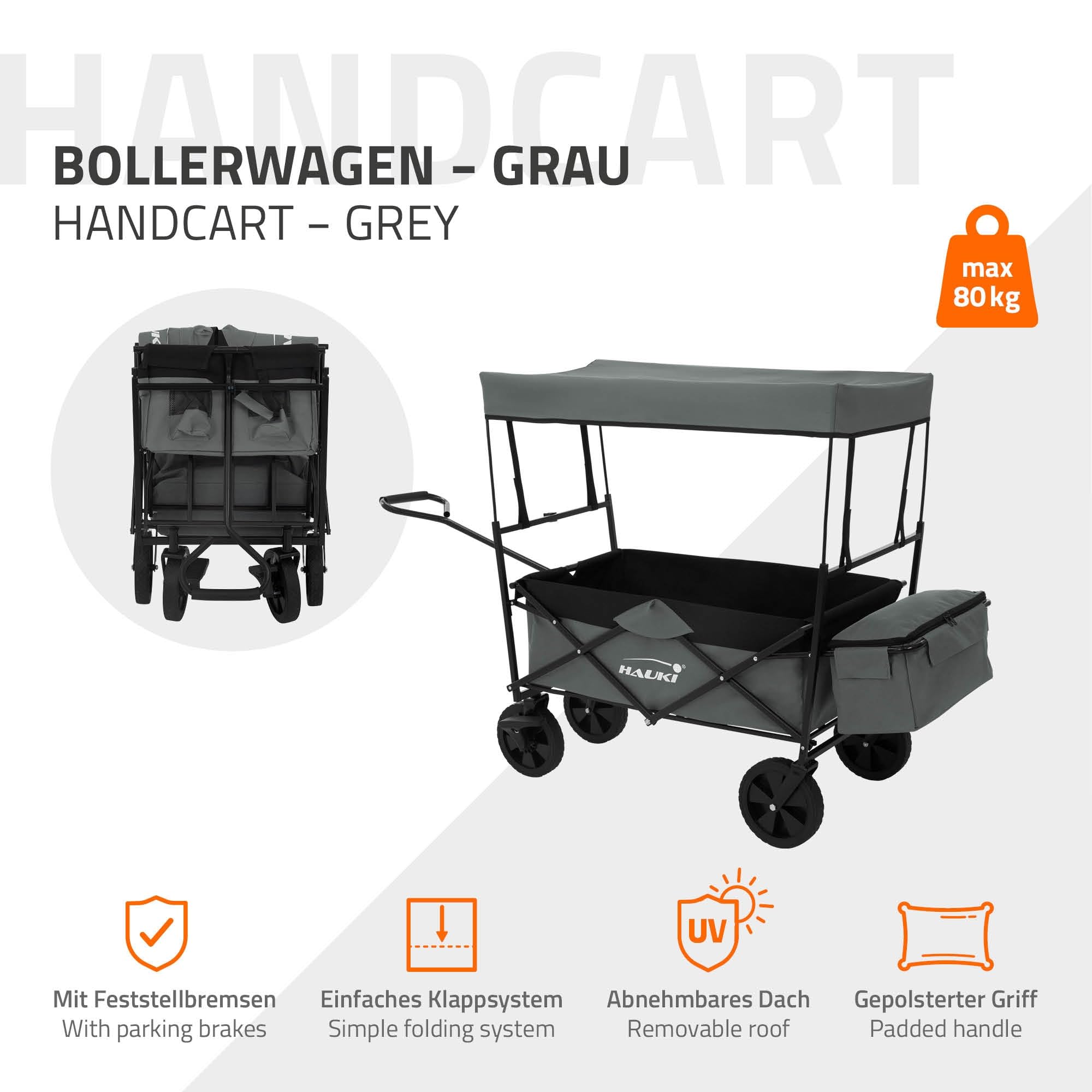 Hauki Carrello Pieghevole da Spiaggia per Bambini, Carretto a Mano per Trasporto Bimbi con Tettuccio e Borsa Posteriore, Carrello Portatutto con Parasole Grigio e Freno Ruote Anteriori, Carico 80 kg