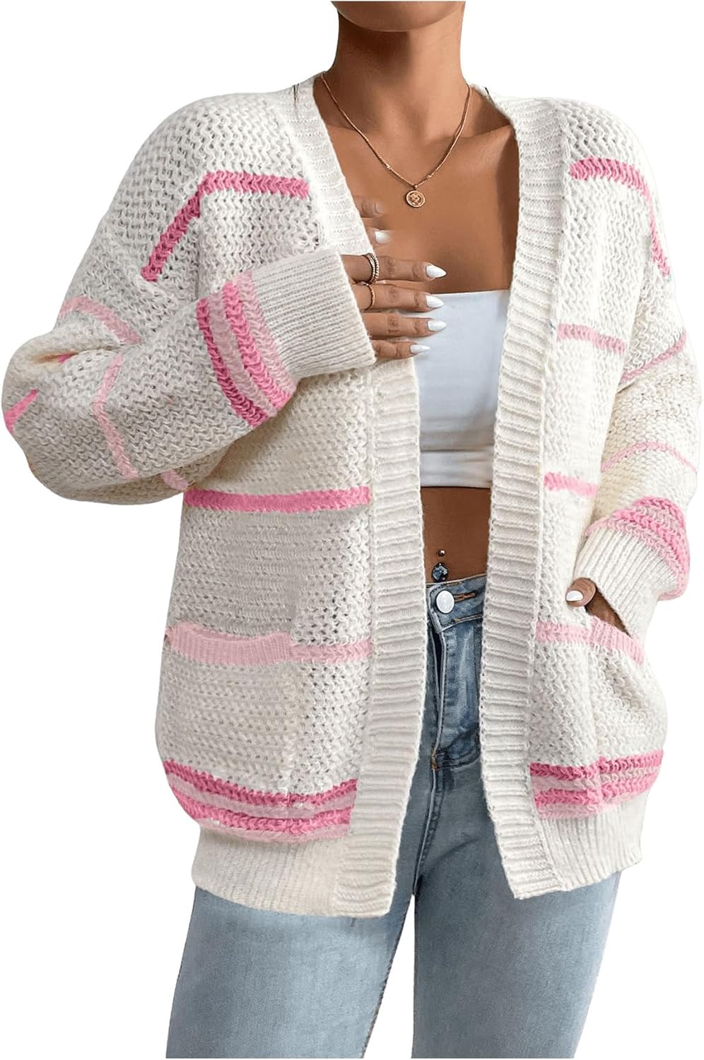 SHENHE Women's Open Front Colorful Striped Drop Shoulder Oversized Cardigan Sweater - Image 5