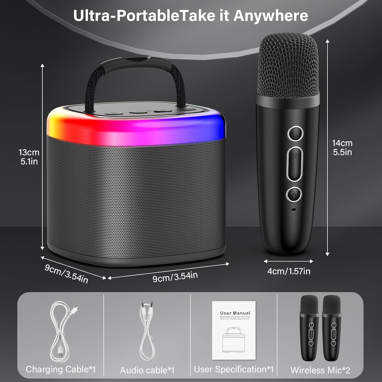 Karaoke Machine, Mini Bluetooth Speaker with 2 Wireless Microphones, Disco Lights Karaoke Home Party, Xmas Birthday Gifts for Singing - Image 9