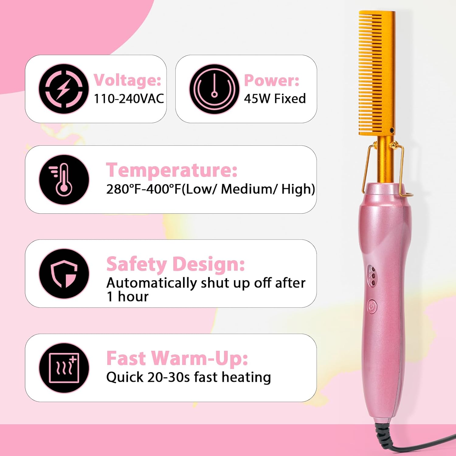 Electric Hot Comb Hair Straightener Heat Pressing Combs Ceramic Curling Flat Iron Curler, Hot Comb Electric for Wigs Electrical Straightening Comb Curling Iron for Natural Hair with Anti-Scald Case - Image 3