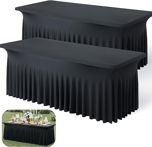 Paquete de 2 manteles de elastano negro para mesas rectangulares de 6 pies, sin arrugas, elásticos, ajustables, falda de mesa elegante de 6 pies