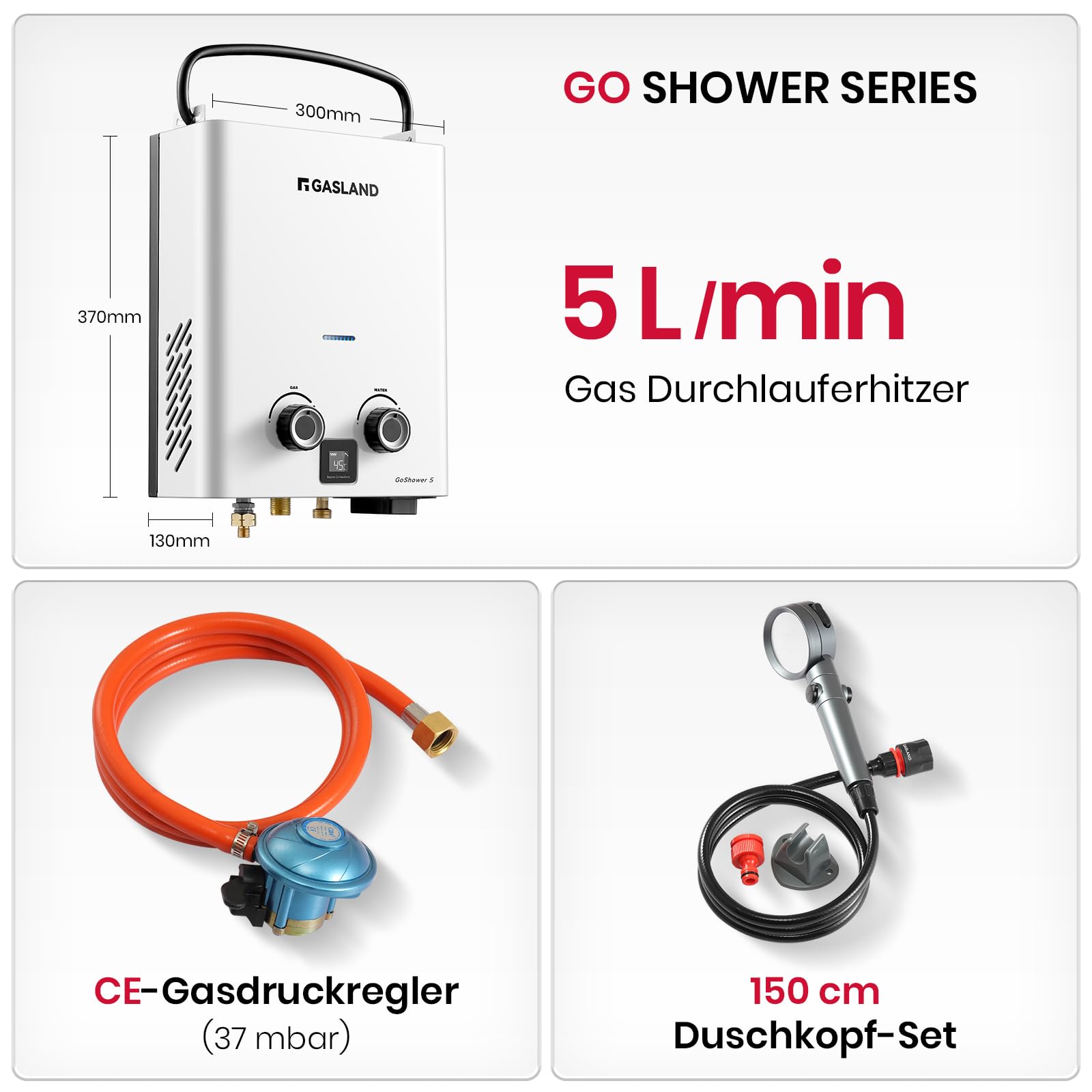 GASLAND GO Shower G5, scaldabagno a gas da esterno 5L/Min propano (37 mbar)/butano (28-30 mbar), scaldabagno a gas per esterni, scaldabagno a GPL, doccia calda da campeggio