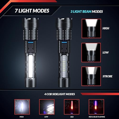 Miniatura 4 de PeakPlus Linternas recargables para el hogar 2 unidades de alto lúmenes súper brillantes 7 modos IPX6 impermeable zoomable luces LED flash para