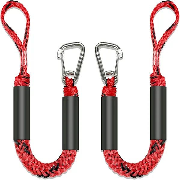 2PCS Fender Lines 2FT Premium Bungee Boat Lines with 316 Stainless Clip for Boat Bumper/Boat Fender Boat Accessories for Mooring for Jet Ski, SeaDoo, Yamaha WaveRunner Dinghy (Red&Black, 2 Feet)