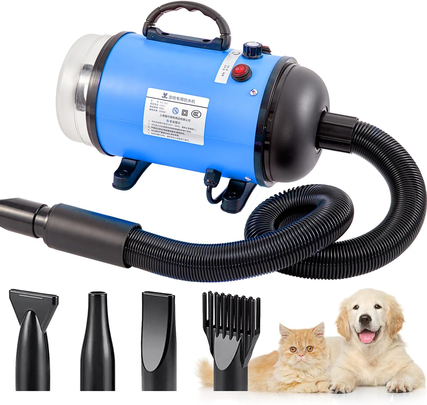 Upgraded 2-in-1 Pet Hair Dryer and Vacuum, High Velocity Dog Grooming Tool with Switchable Hose, Adjustable Temp & Speed, Low Noise, 4 Nozzles (Blue)