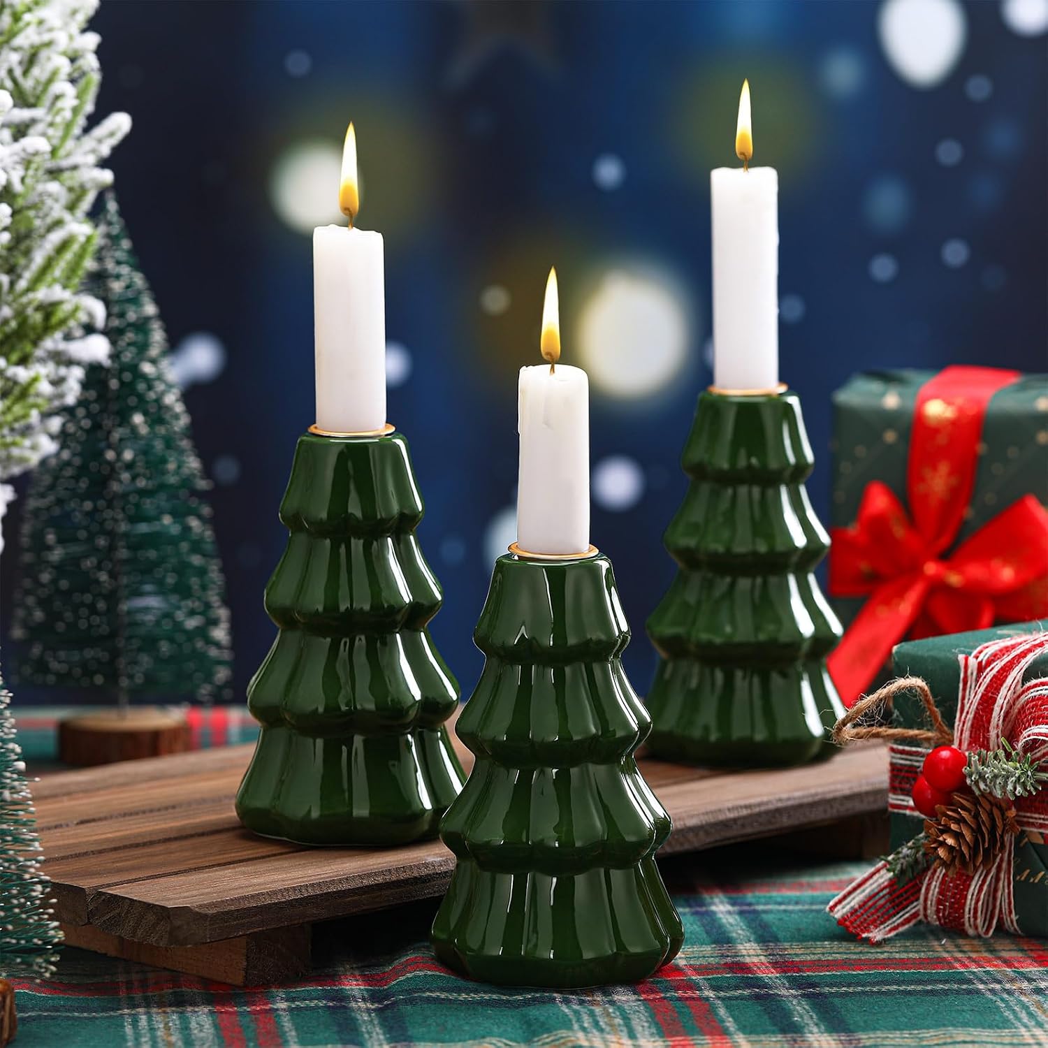 Mumufy 3 Pcs Ceramic Christmas Tree Candle Holder Decor Green Christmas Tree Tabletop Decoration Vintage Decorative Porcelain Taper Candlestick for Winter Holiday Farmhouse Fireplace Centerpiece Decor
