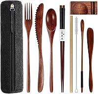 Vista 12 de Juego de cubiertos de madera portátiles para comer utensilios de almuerzo, juego de cubiertos de madera, utensilios de madera reutilizables