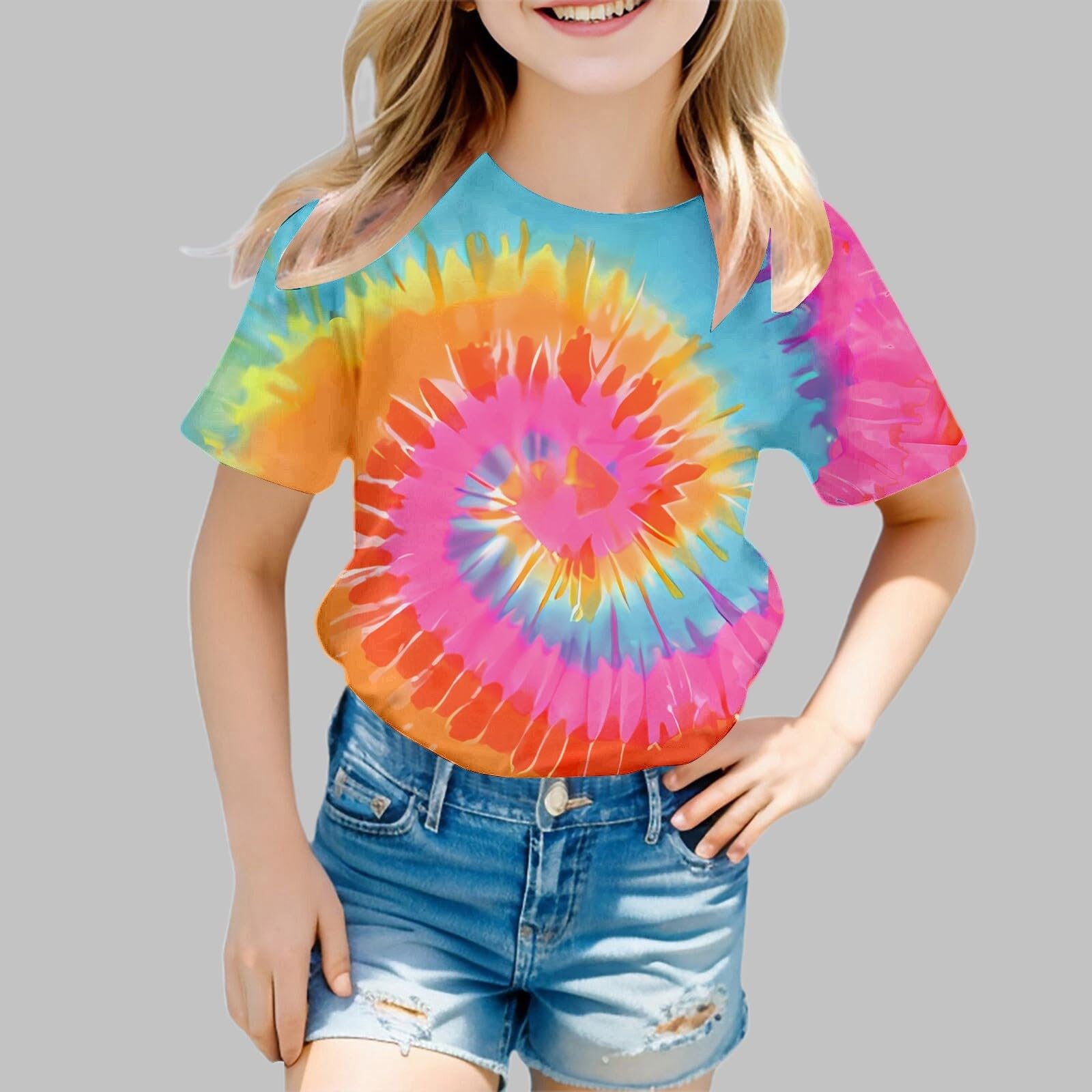 T-Shirts Kinder Top Langarmshirt Mädchen T-Shirt mit Batik-Print, kurzärmelig, Sommermode, lässig, Rundhalsausschnitt, für Kleinkinder und Kinder