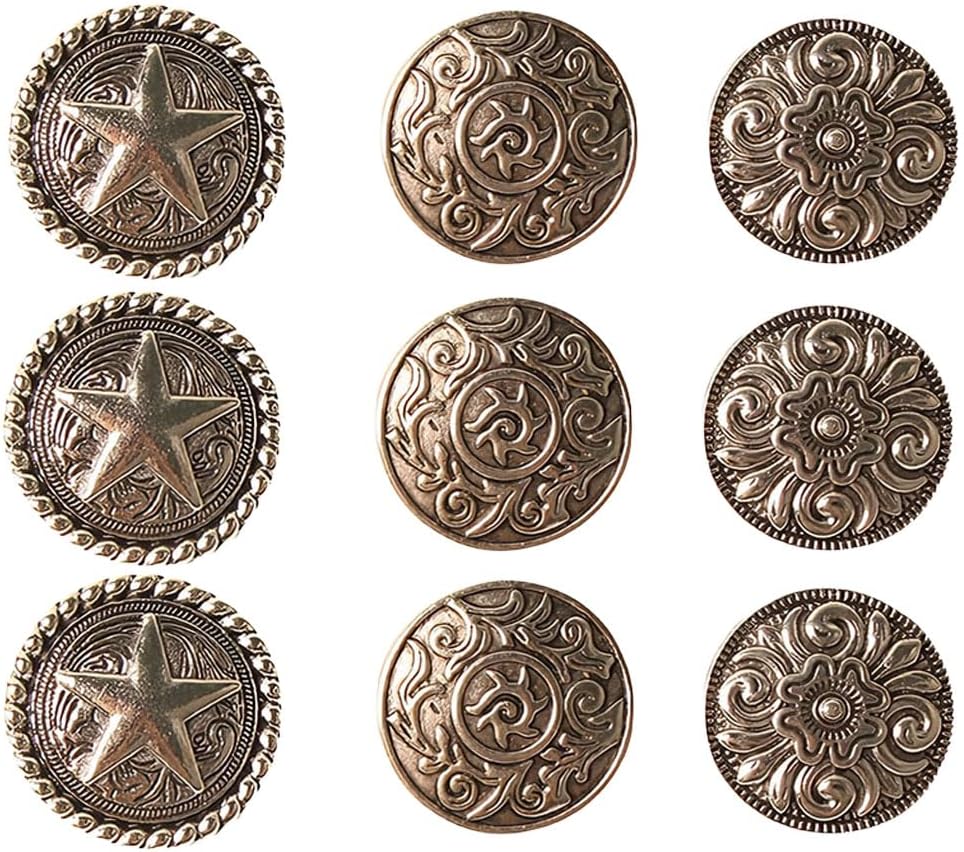 9PC Metal Western Decorative Buckle Set – Faux Leather Embellishments with Studs/Snap Fasteners/Rivets for Handmade Clothing Accessories & Decoration Parts