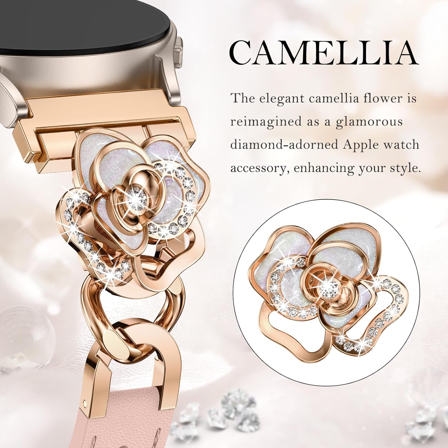 Minyee Leather Band Compatible with Samsung Galaxy Watch 7/6/5/4/FE/Active 2 40mm 44mm/Watch 6 Classic 43mm 47mm/5 Pro 45mm Women, 20mm Dressy Slim Elegant Metal Chain Strap with Bling Camellia Charms - Image 3