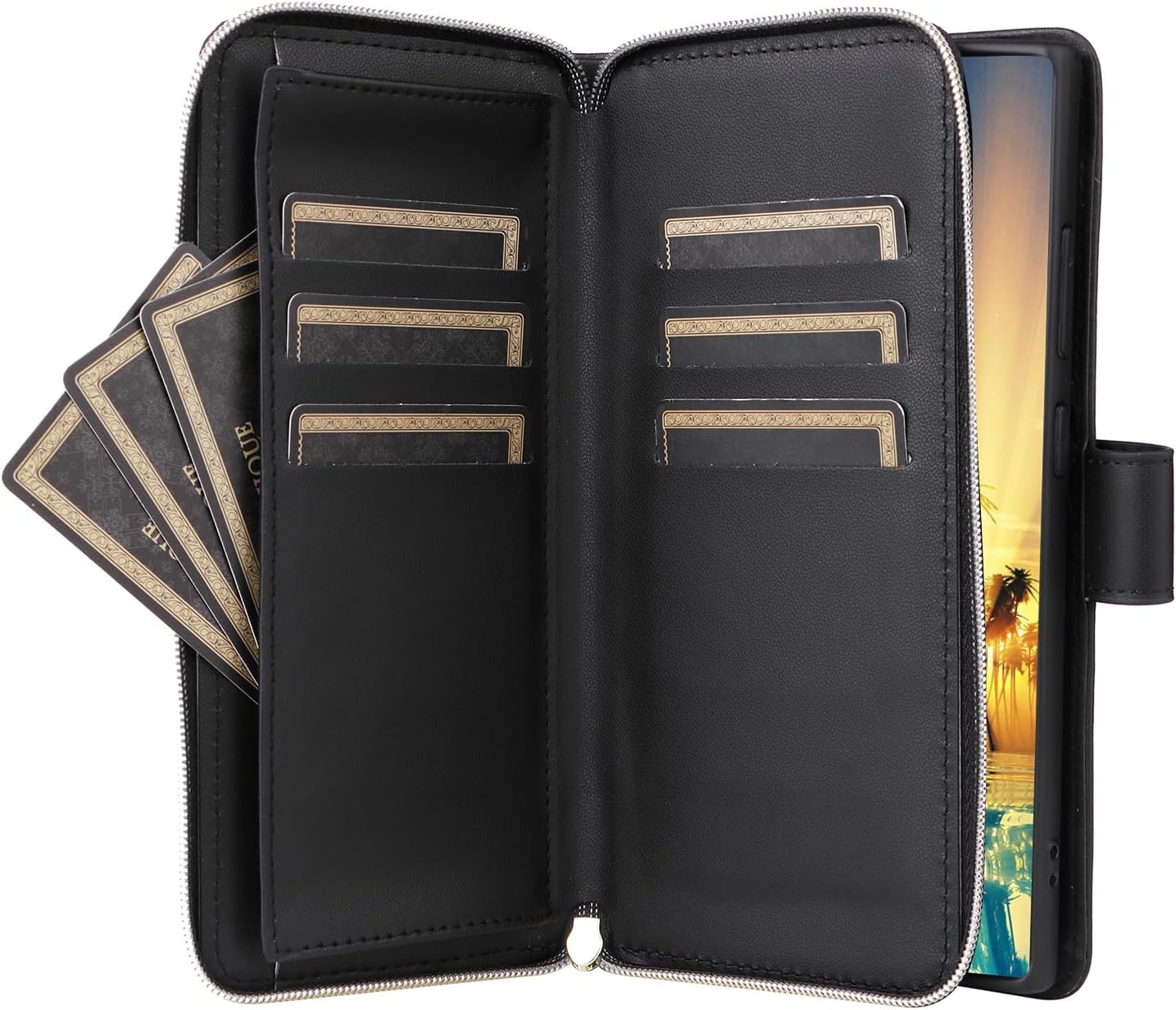 Asuwish Phone Case for Samsung Galaxy S24 Ultra 5G Wallet Cover with Tempered Glass Screen Protector Strap Card Holder Slot Stand Leather Flip Cell Zipper S24Ultra 24S S 24 24Ultra Women Girls Black