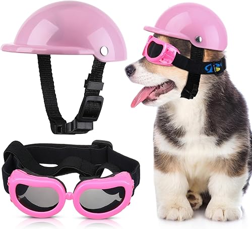 Frienda Casco y Gafas para Perros, Gafas de Protección UV para Perros y Casco de Motocicleta para Cachorros de 4 Pulgadas con Almohadillado Adorable