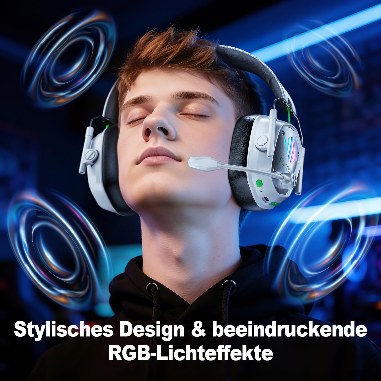 Fachixy Gaming Headset Wireless für PS4, PS5, Switch, PC, Mac, Laptop, 60H 2.4GHz Gaming Headset mit Noise Cancelling Mikrofon, Kabelloses Bluetooth kopfhörer mit LED-Lichtern, Surround Sound