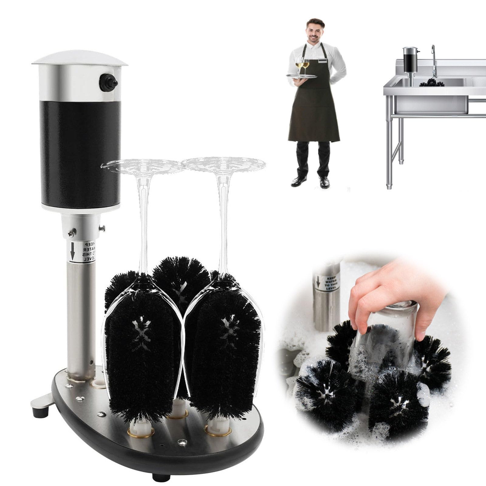 Lavadora Tazas AutomáTica (Motor Resistente Al Agua), Funciona Forma Continua Durante 2 A 3 Horas, 5 Cepillos Desmontables, Limpiador De CristaleríA Profesional, Para Bares Y CafeteríAs