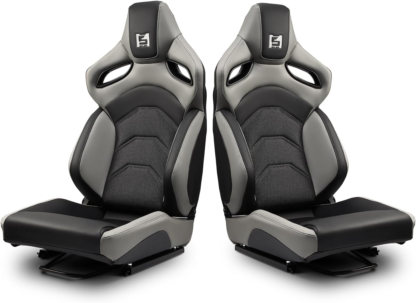 [Dark Knight Series] Universal 1 Pair Gray and Black PVC Leather Racing Seats with Mesh Center, Reclinable Sport Seats with Dual Sliders, Driver and Passenger Side 2PCS Set