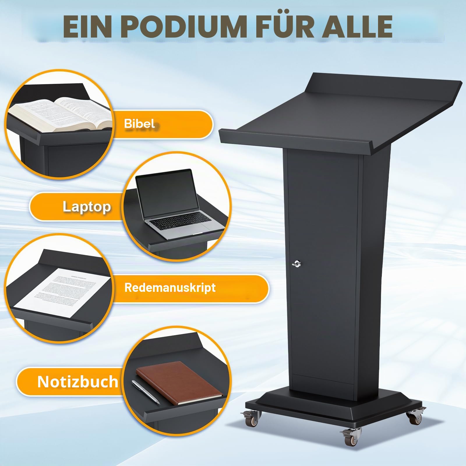 Metall Podium mit großem Aufbewahrungsschrank, Rednerpult mit 360°-Drehrollen, Kirche Kanzel mit Verdickt Breiter Leseplattform, Stabilität Podium Ständer for Kirche,Klassenzimmer(58x46.5x114cm)