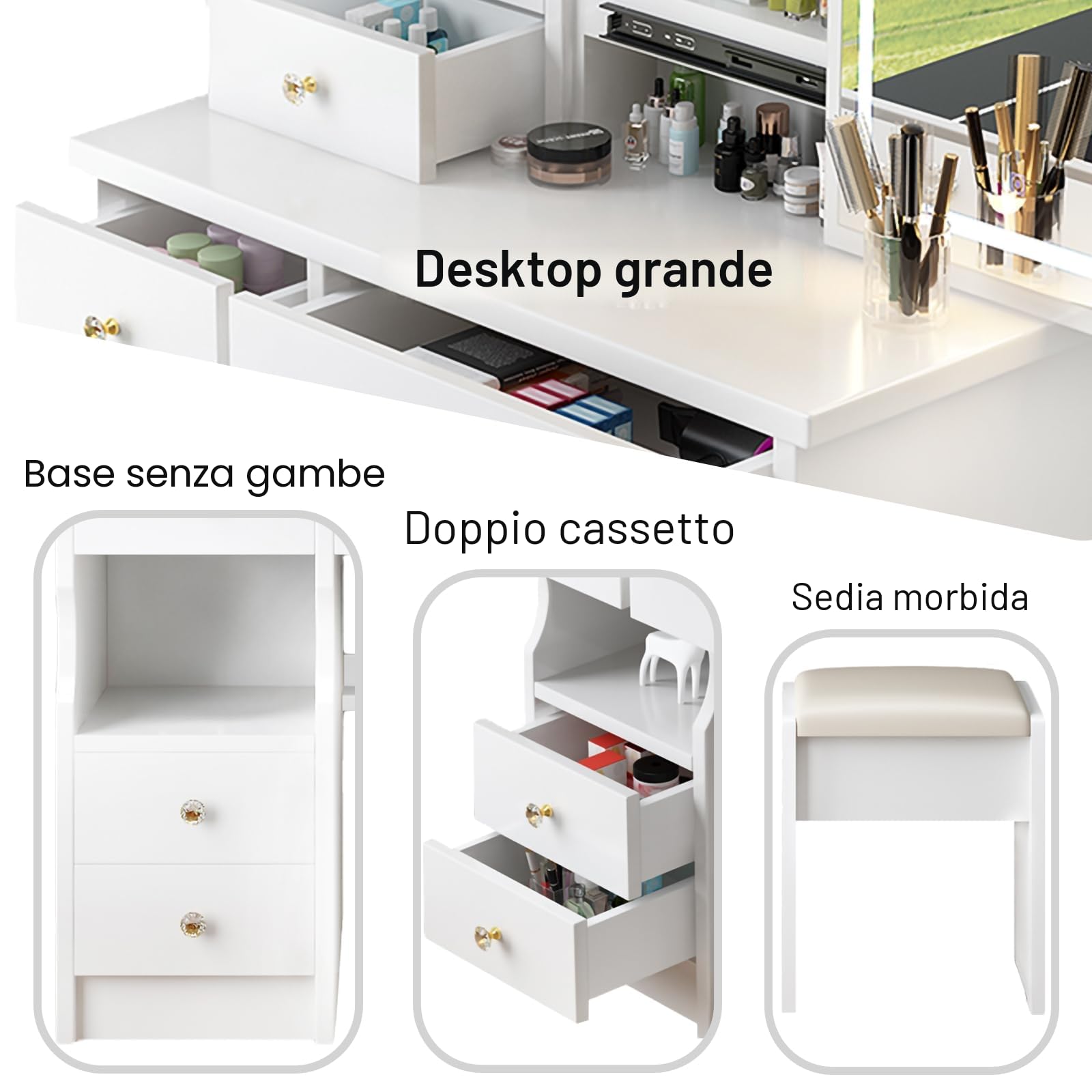YuYe - Tavolo da toeletta con illuminazione LED, specchio con luminosità regolabile, tavolo da toeletta con sgabello, tavolo da trucco con 5 cassetti e 3 ripiani, moderno tavolo da trucco in legno