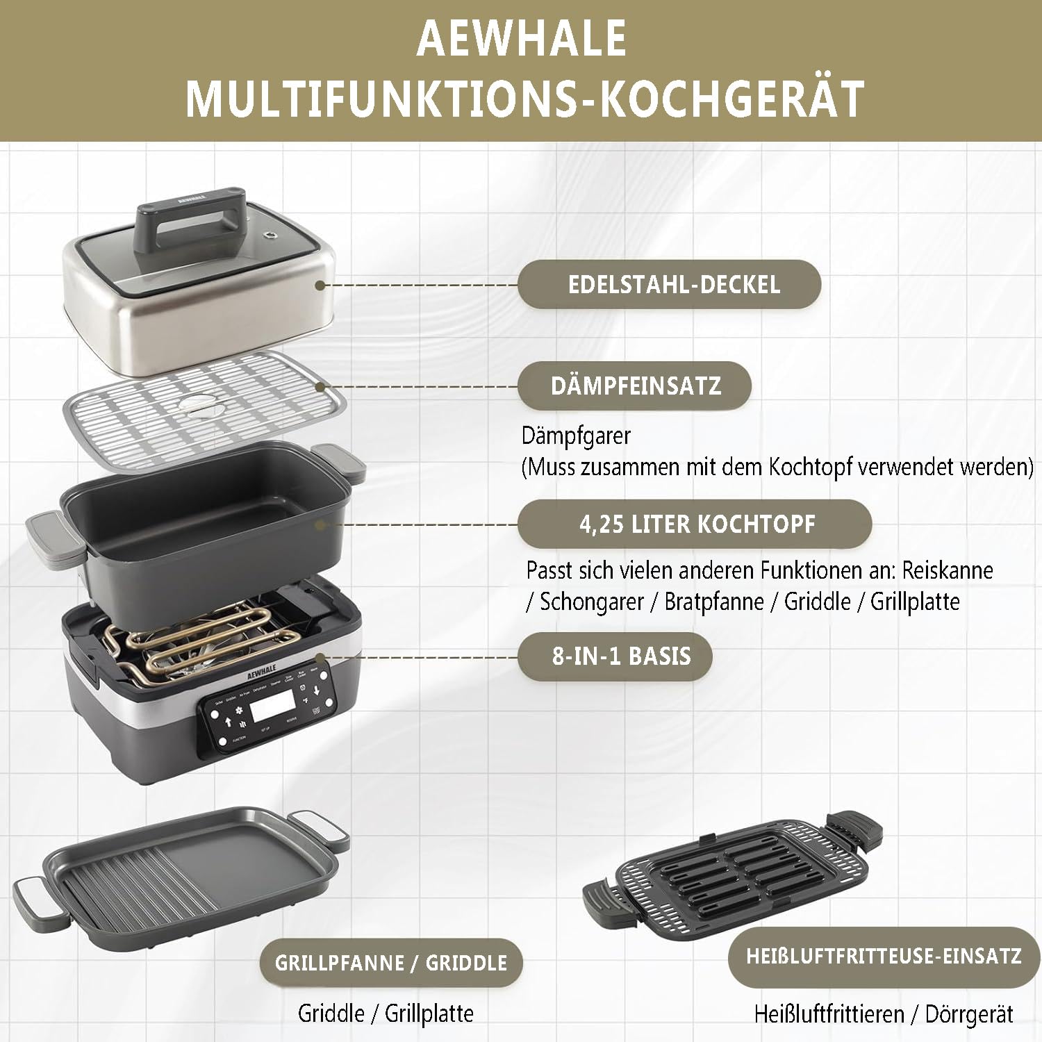 AEWHALE 8-in-1 Multikocher mit Air Fryer 4.25L, Reiskocher, Slow Cooker, Dampfgarer& Warmhaltefunktion|4 Zubehörteile | Antihaftbeschichtete, austauschbare Platten und Pfannen