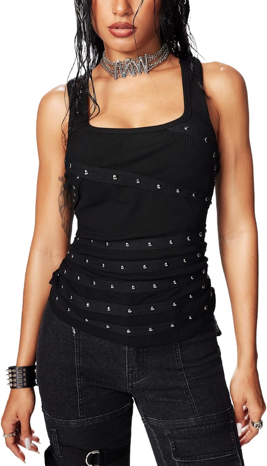 Floerns Women's Y2k Punk Studded Streetwear Tank Top Ripped Fitted Scoop Neck Grunge Vest Going Out Rock Concert Outfits - Image 4