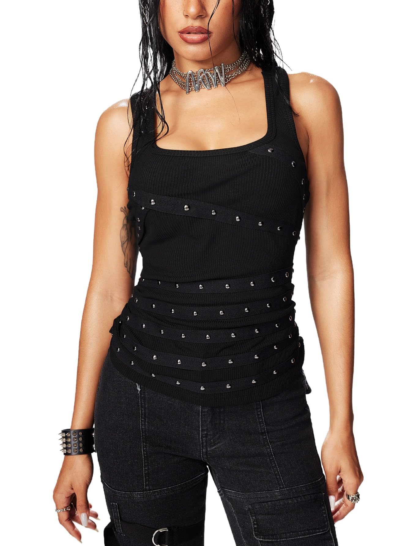 Floerns Canotta da donna Y2k punk borchiata streetwear canotta strappata aderente scollo rotondo gilet grunge per uscire abiti da concerto rock