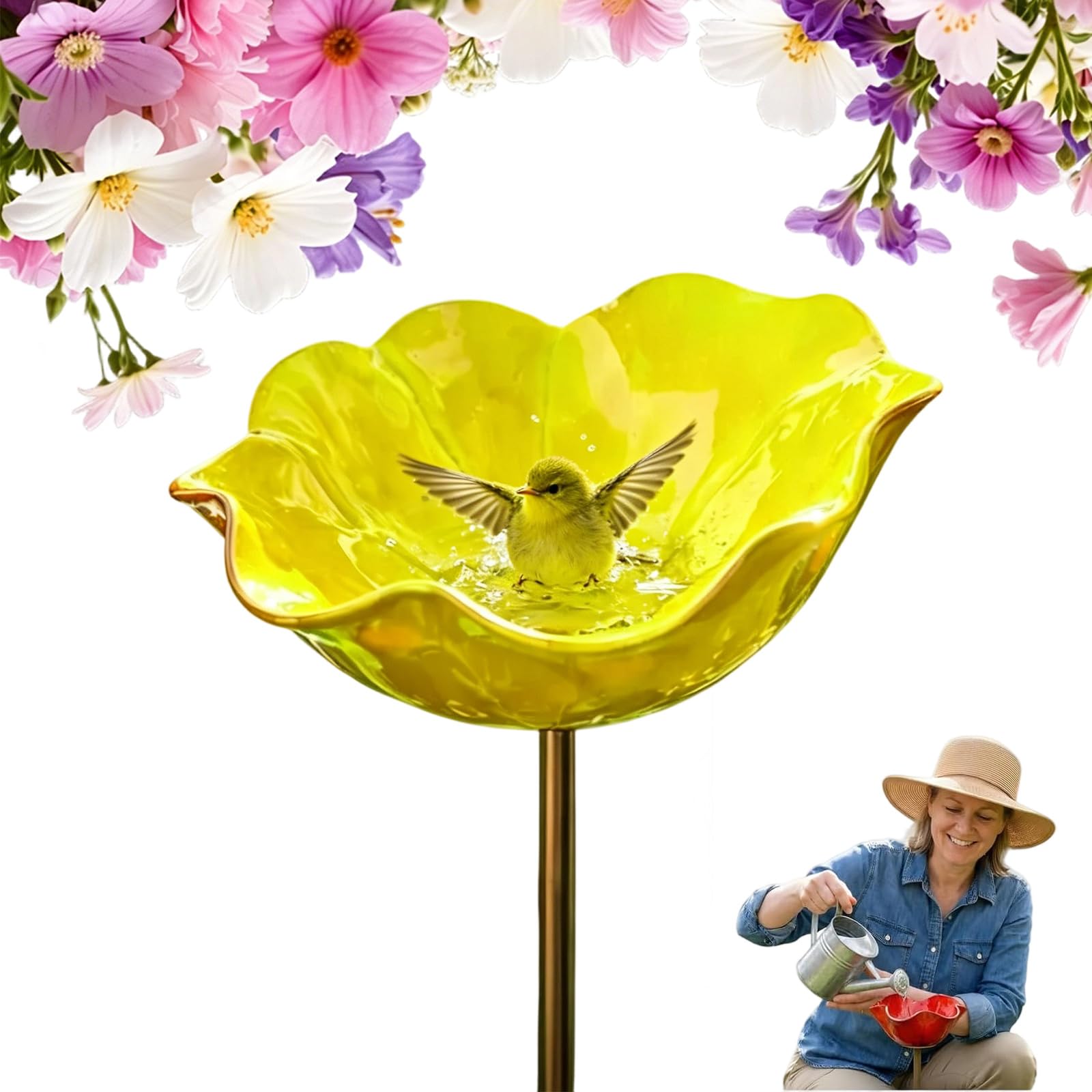 Metal Flower Garden Stake – Handmade Bird Bath & Bee Watering Station for Garden, Flower‑shaped Metal Bird Feeder, Colorful Outdoor Yard Decor, Birdbath with Stake for Yard Decor (Yellow,1PC)