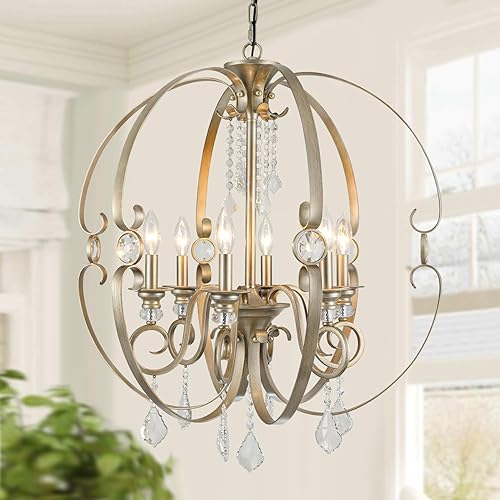 Miniatura 10 de Candelabro de Cristal K9 Plata Antigua para Comedor, Lámpara de Techo de Montaje al Ras Rústica de 3 Luces de 14 Pulgadas, Iluminación Colgante