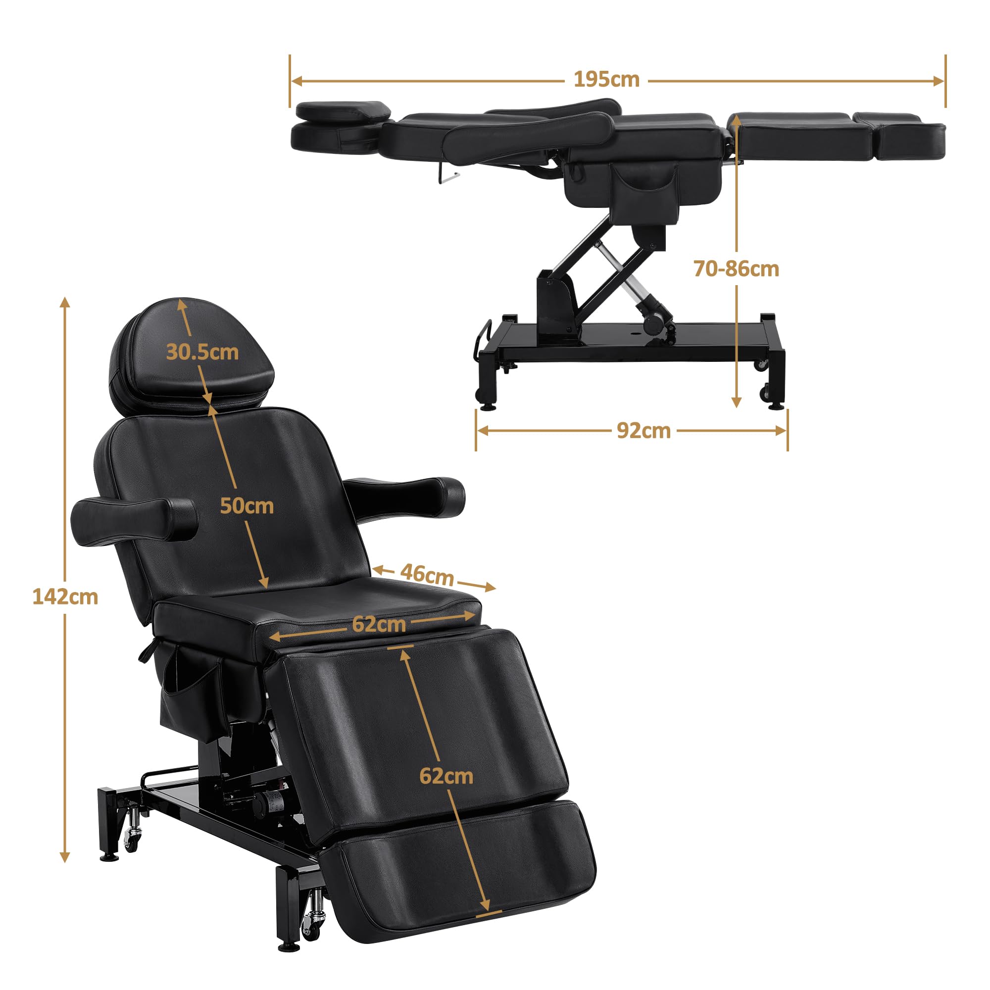 BarberPub Camilla de estética eléctrica con 3 Motores, Plegable y Ajustable 18 cm, reposabrazos giratorios 180°, para SPA (Negro/Cuero sintético)
