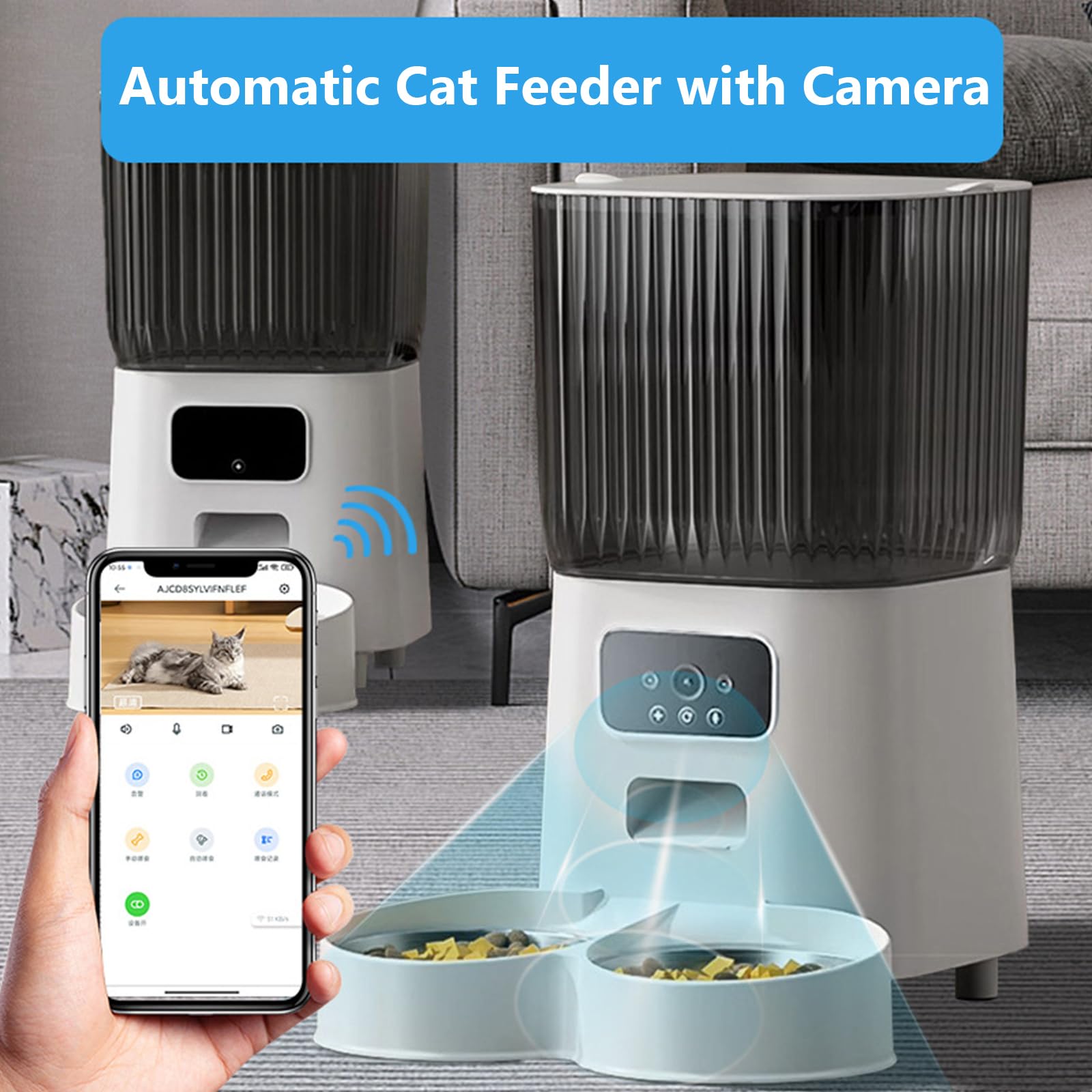 Distributore Automatico Cibo Gatti con App, 2.4G WiFi Dispenser Crocchette Gatto Fino A 5 Pasti/9 Porzioni al Giorno, Ciotole per Gatti in Acciaio Inox, 5L Dispenser Cibo Gatti,Dual