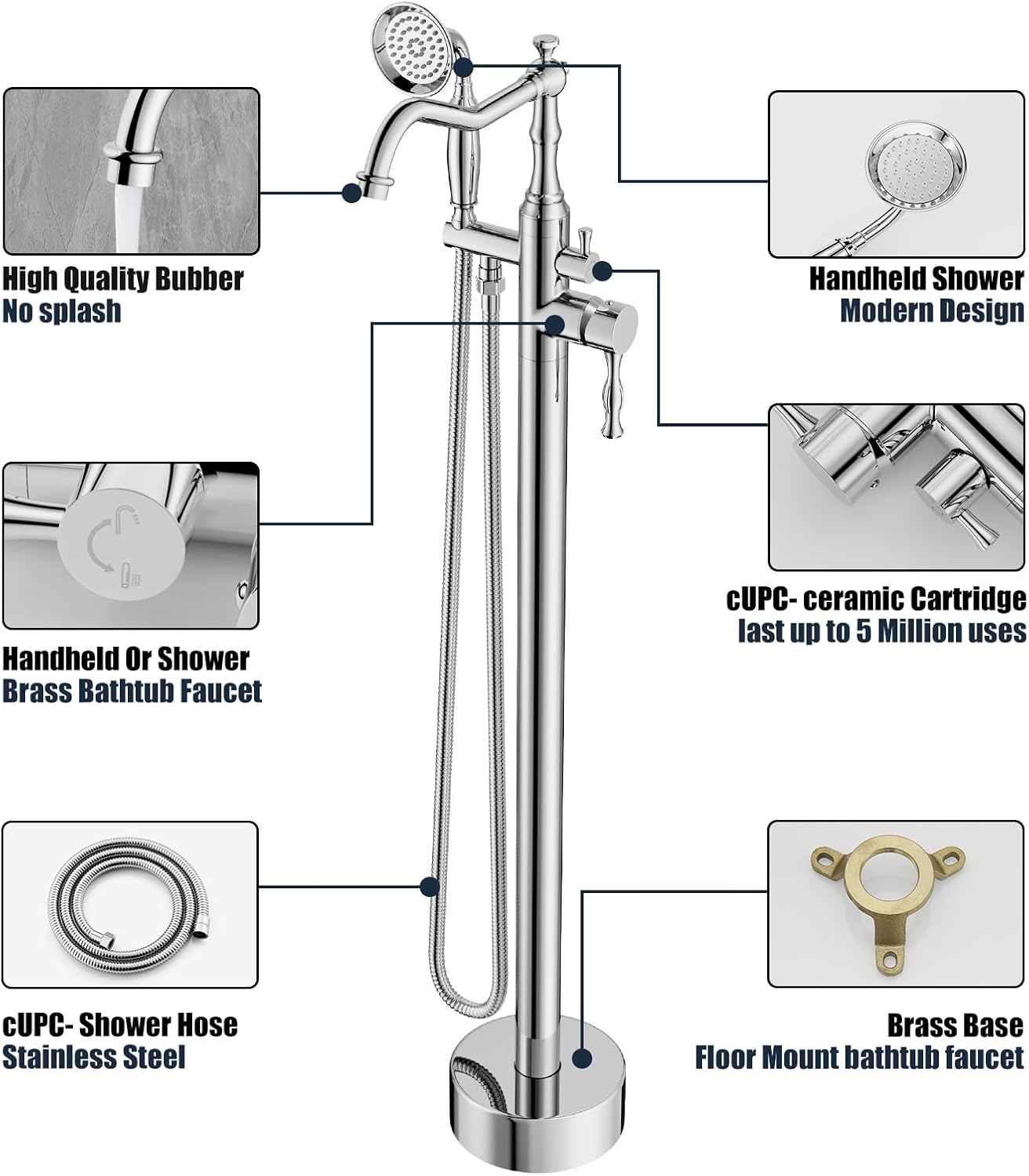 Polished Chrome Bathtub Faucet Freestanding Tub Filler High Pressure Single Handle Bathtub Filler Floor Mounted Brass Bathroom Tub Faucets with Handheld Shower