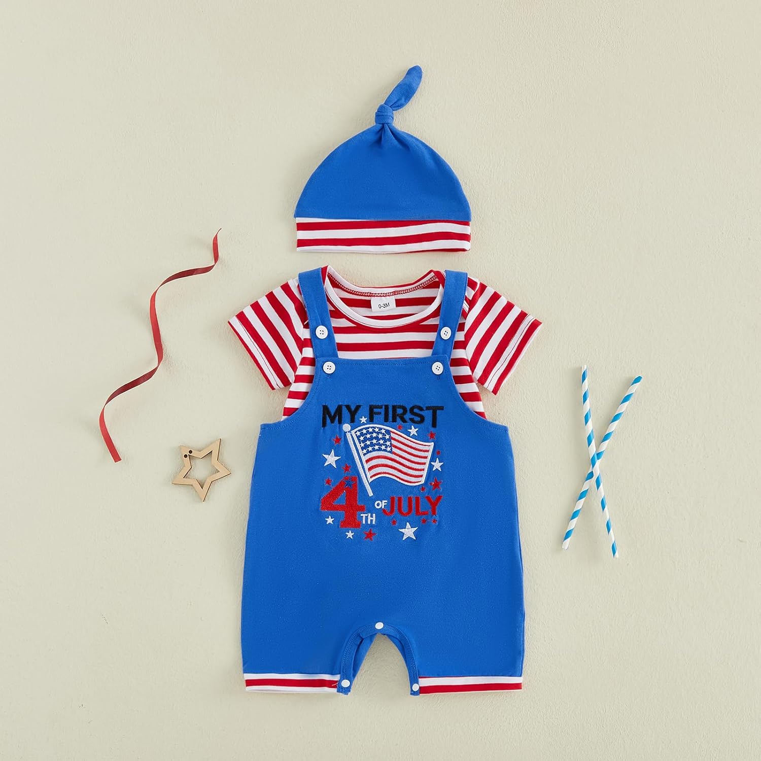 My First 4th of July Baby Boy Outfit Newborn Short Sleeve Striped Romper USA Flag Suspender Overalls Shorts Hat Sets