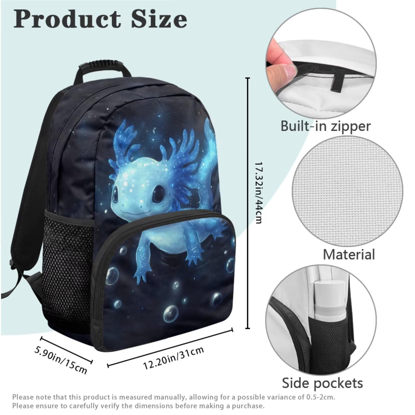 HUGS IDEA Zaino per ragazze con portapranzo 4 in 1 43,2 cm carino e leggero borsa per libro scolastico astuccio portachiavi, Glow Axolotl