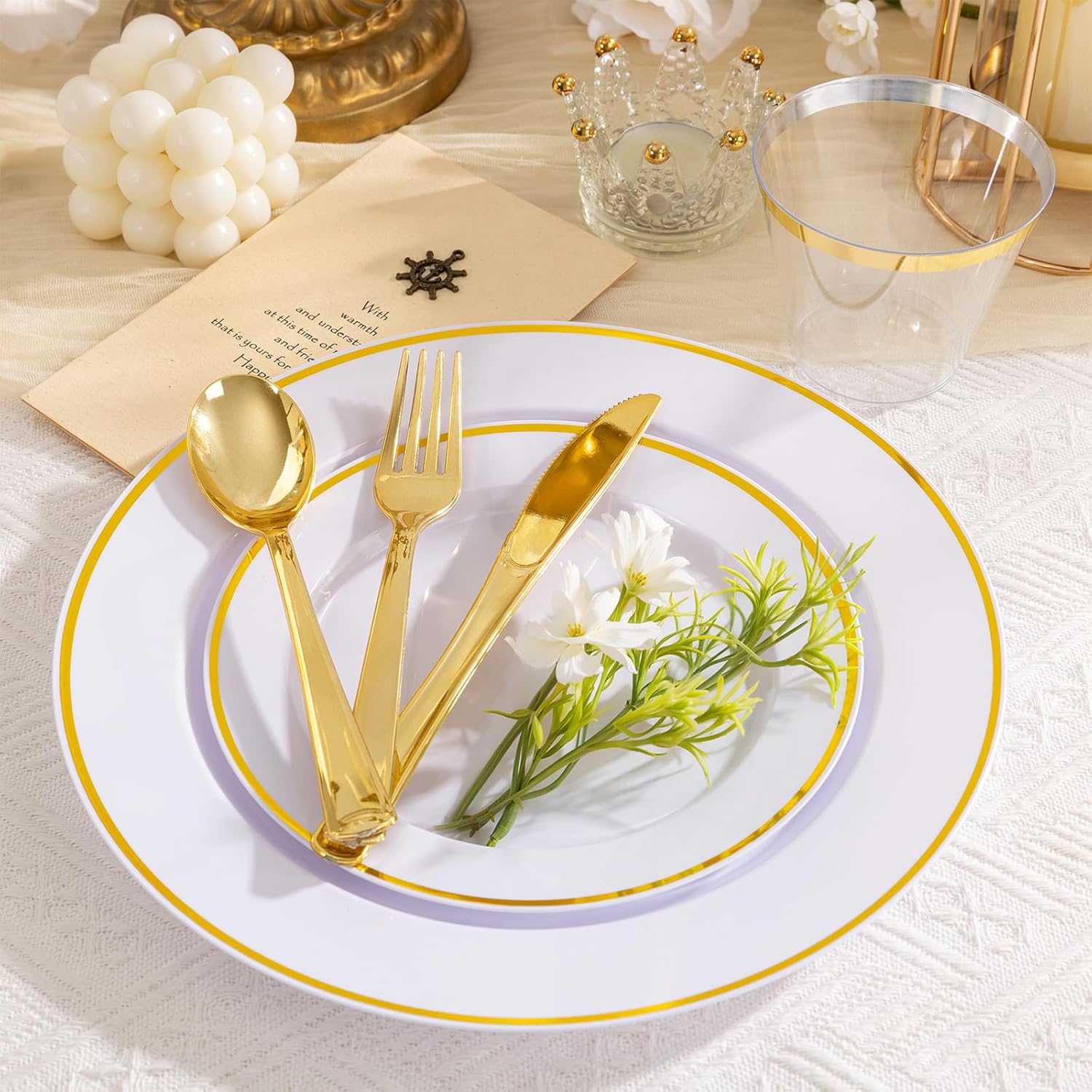 SUT 175 Pcs White and Gold Plastic Plates, Plastic Dinnerware Set for 25 Guests, Disposable Plates and Napkins Party Supplies, Gold Silverware, Plates, Cups and Napkins Sets for Party, Weddings - Image 7