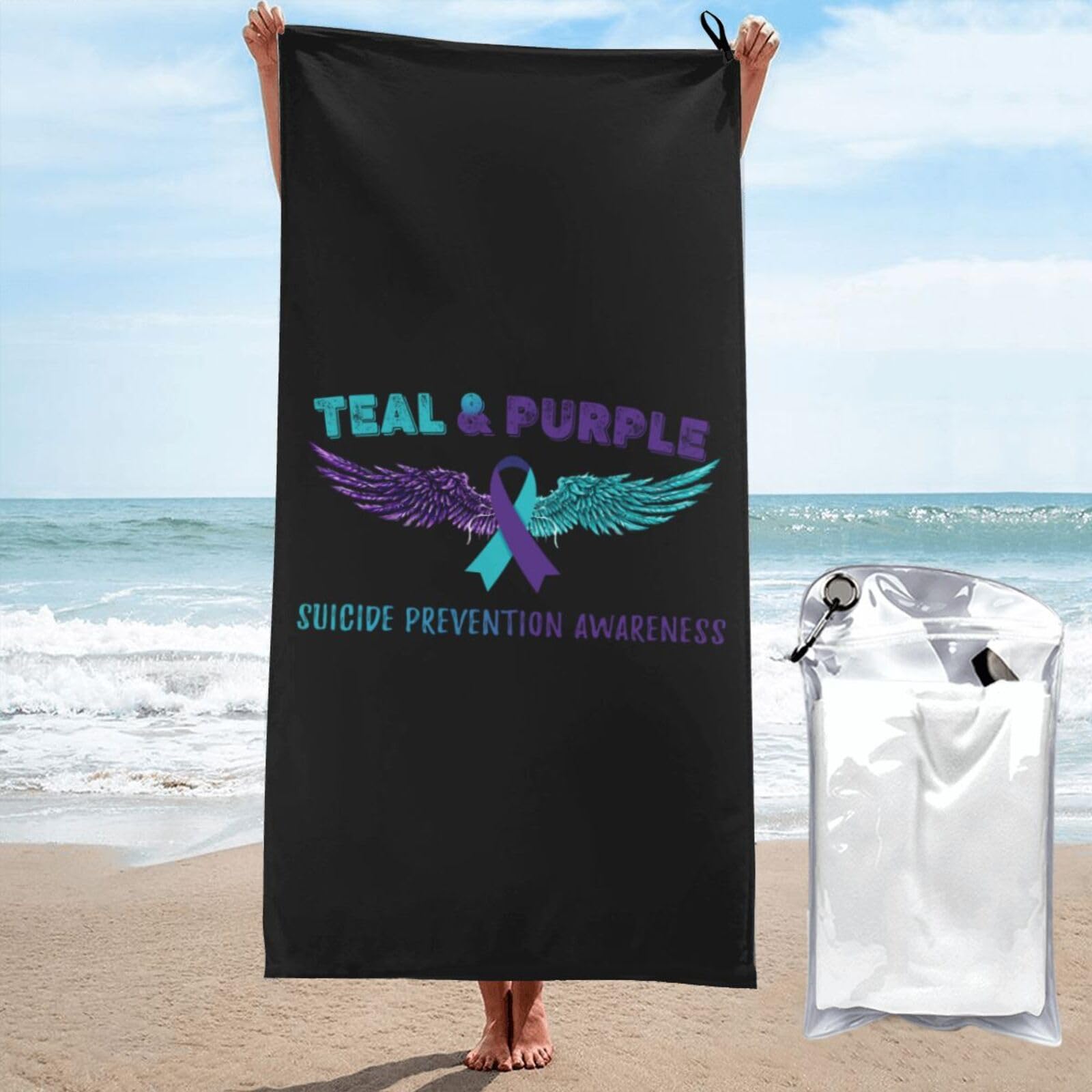 Toalla de playa de cinta turquesa y morada ideal para tus viajes a la piscina y camping