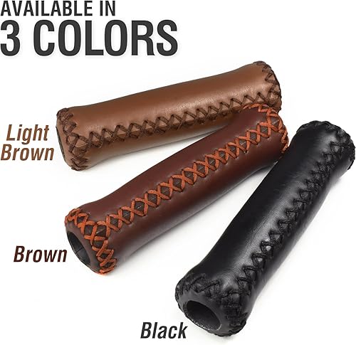 Miniatura 10 de MARQUE Agarres para manillar de bicicleta Cruiser  Agarres de cuero de vinilo marrón de 5.315in con costura cosida a mano para manubrio de bicicleta