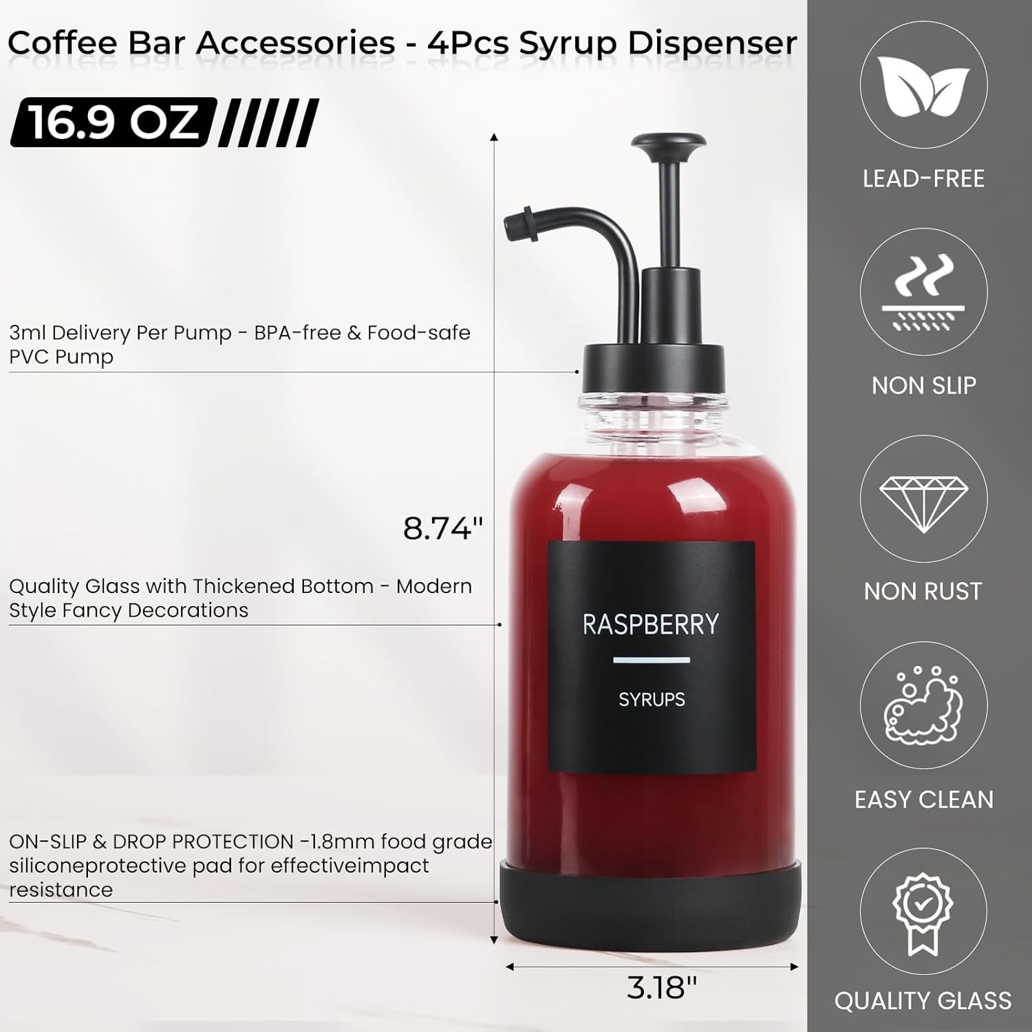 Set of 4 Coffee Syrup Dispenser for Coffee Bar, Set of 4 Non-Slip Glass Syrup Dispenser w. Labels and Silicone Sheath, 16.9 oz 500ml Syrup Pump Dispenser, Coffee Bar Accessories Simple Syrup Bottle w. Pump