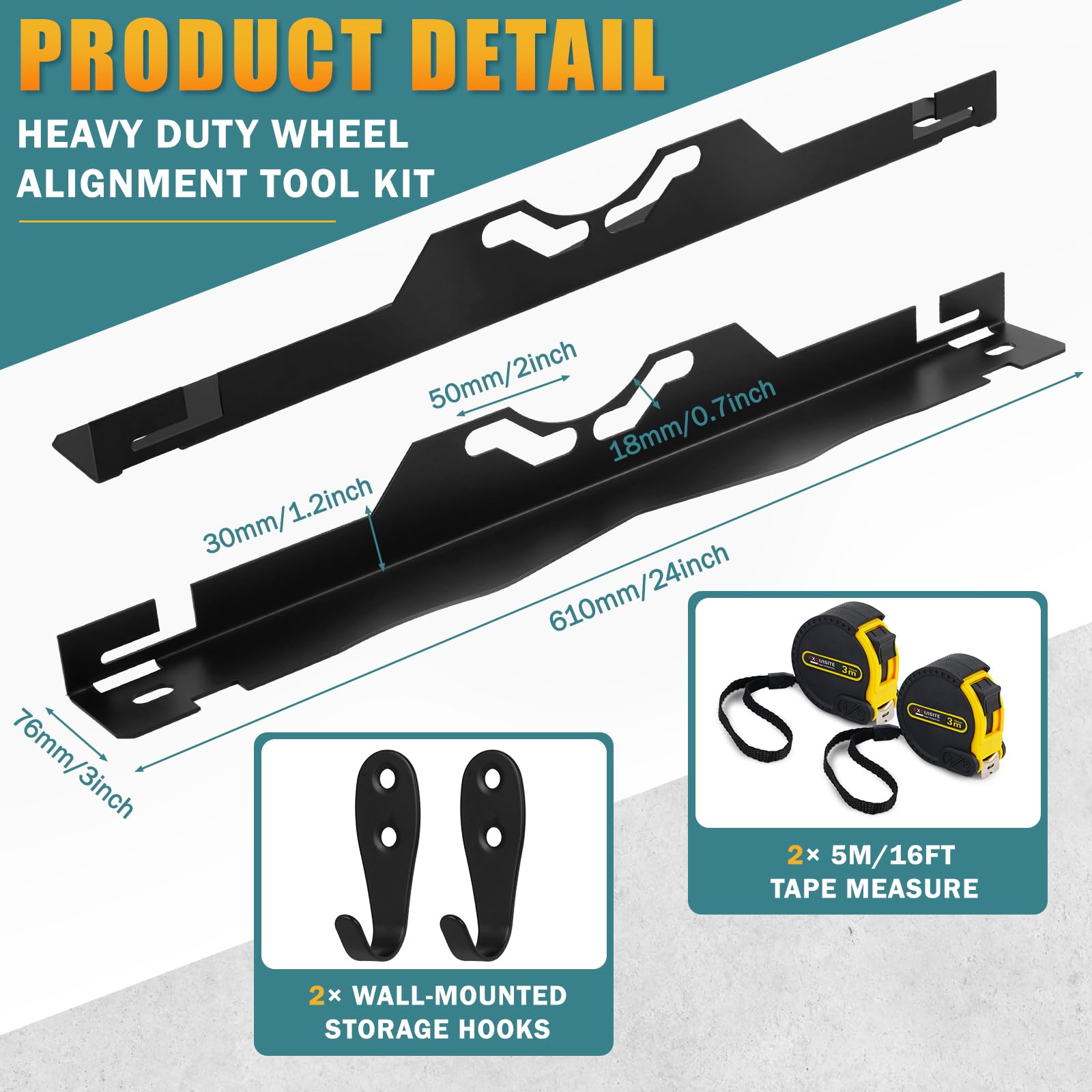 YAKUHY 2Pcs Heavy Duty Toe Alignment Tool Plates Set with 2 Measuring Tapes and 2 Wall-Mounted Storage Hooks, Upgraded Stainless Steel Wheel Alignment Plates for Car Front-End Alignment, Black