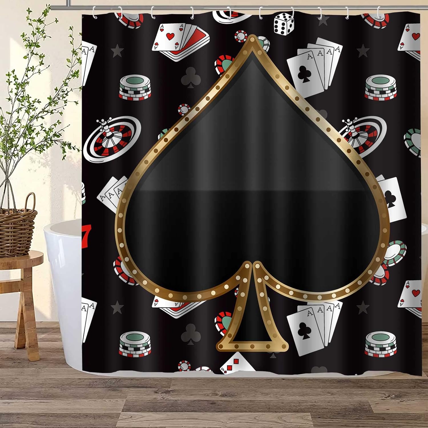 Poker Casino Shower Curtain Card Game Spades Bath Curtain 72x72 Inches Polyester Chips and Poker Cards Gambling Theme Bathroom Decor with 12 Hooks