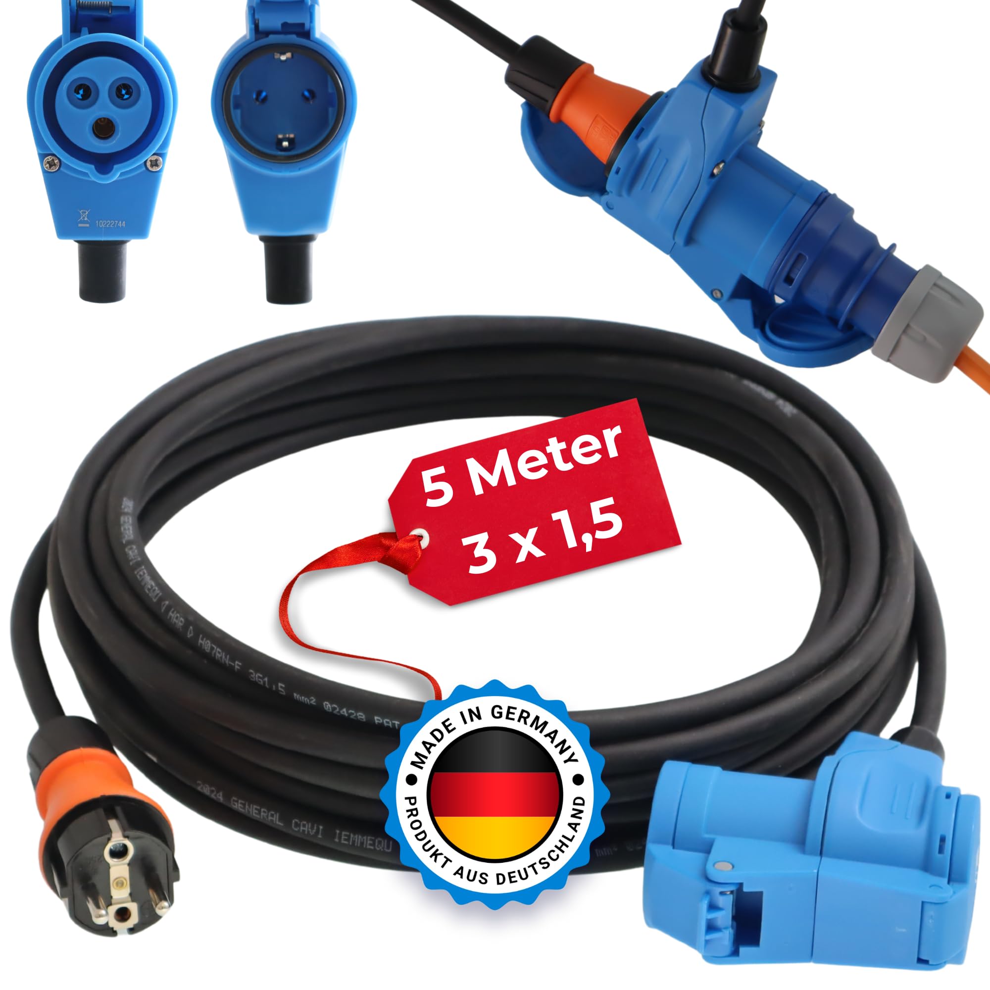 Adapterkabel Schutzkontakt Gummistecker IP44 auf CEE-Winkelkupplung mit integrierter Schutzkontaktsteckdose 16A H07RN-F 3G 1,5mm² (5m)