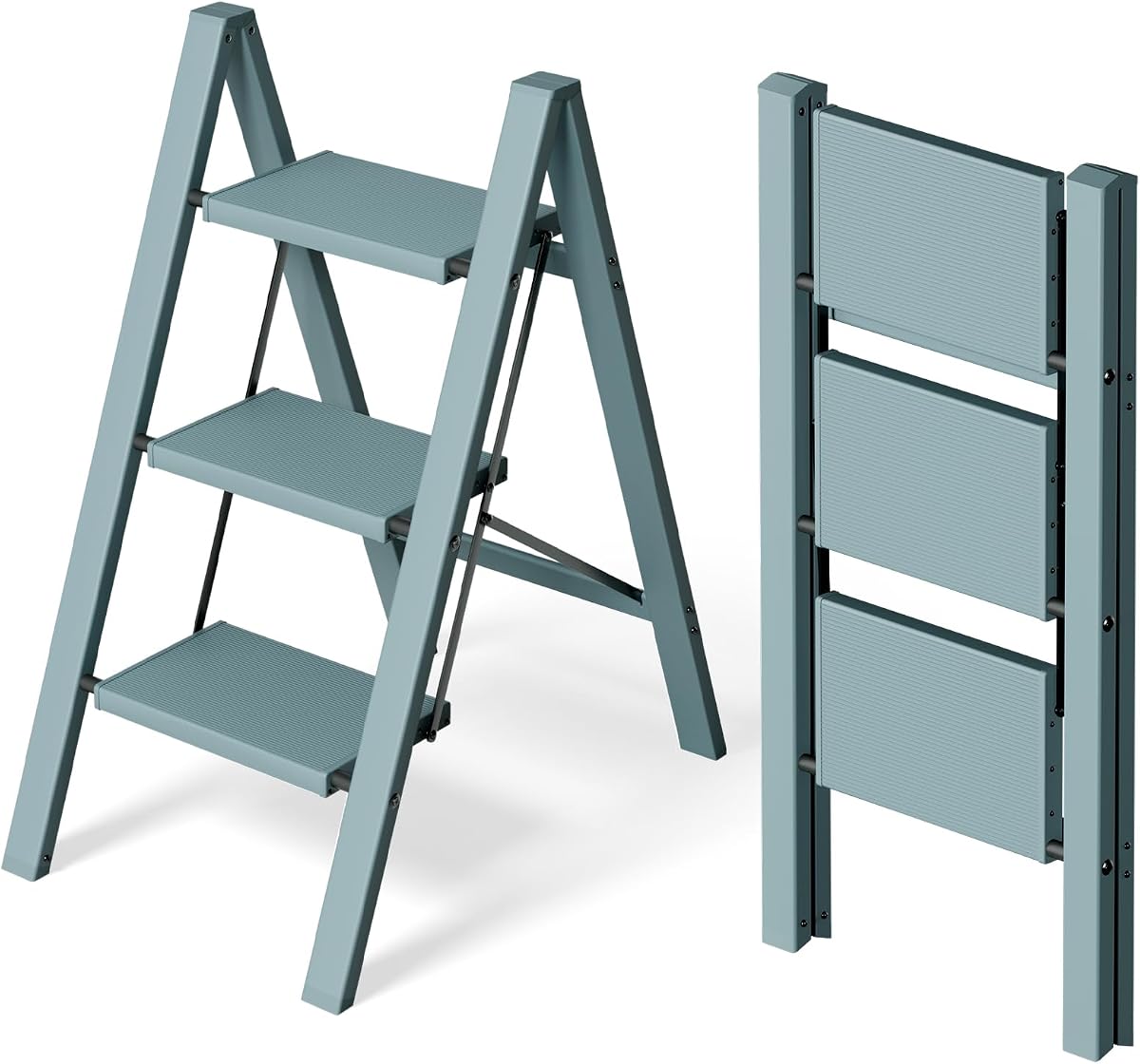 HillhutApex 3 Step Stool Foldable Ladder,Aluminum Step Ladder | Folding Lightweight Stable Stool with Wide Non-Slip Pedals, 330lbs Bearing Capacity Ladder for Office,Home,Kitchen-Light Blue