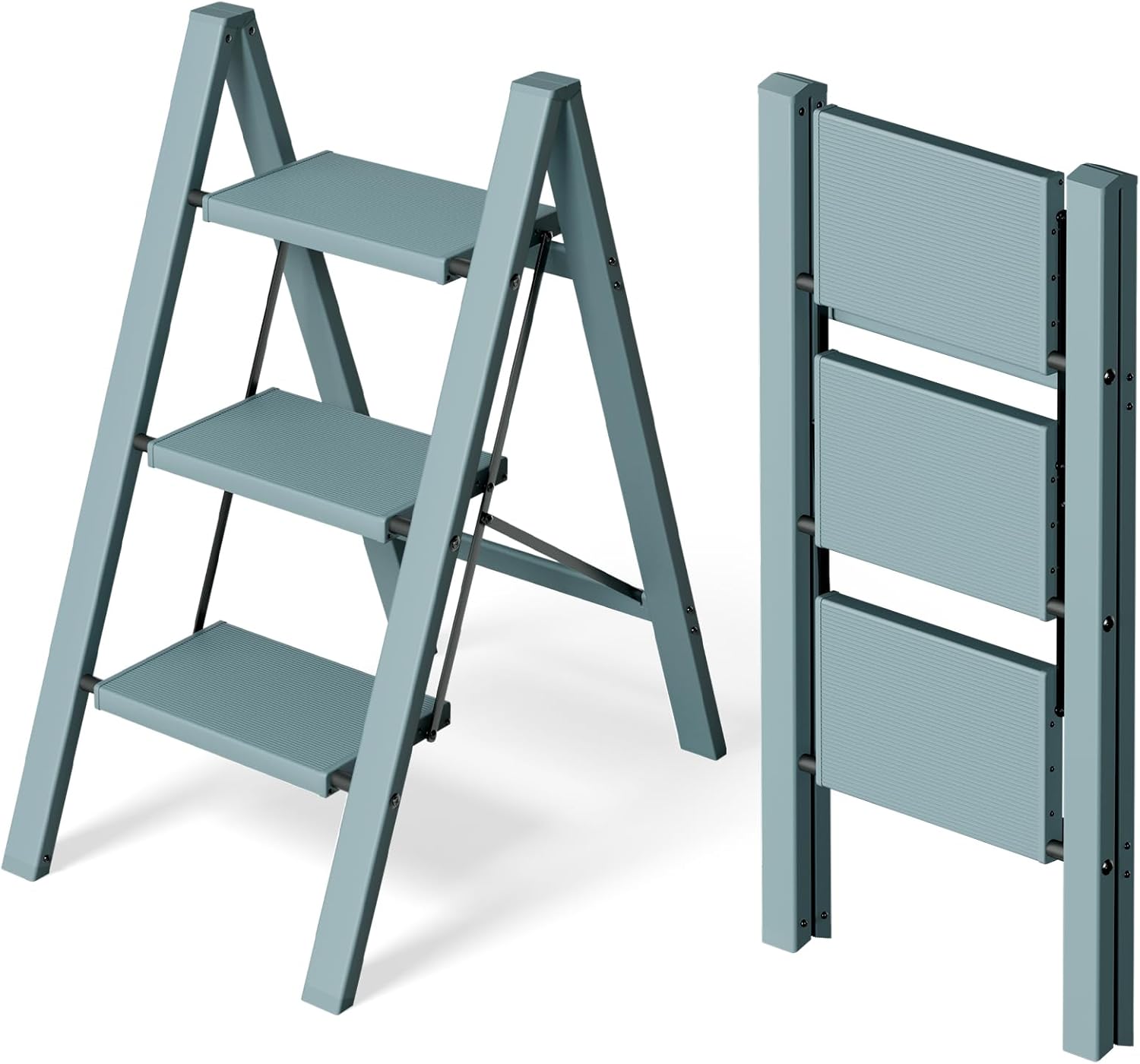 HillhutApex 3 Step Stool, Aluminum Foldable Step Ladder, Lightweight Stable Stool with Wide Non-Slip Pedals, 330lbs Bearing Capacity Ladder for Office,Home,Kitchen - Light Blue