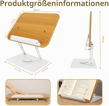 Wooden Book Stand Height Adjustable up to 39 cm 360° Rotating Reading Stand Foldable Ergonomic Book Holder for Cookbook Thick Books Tablet Laptop Magazines Recipe Holder with Side Clips