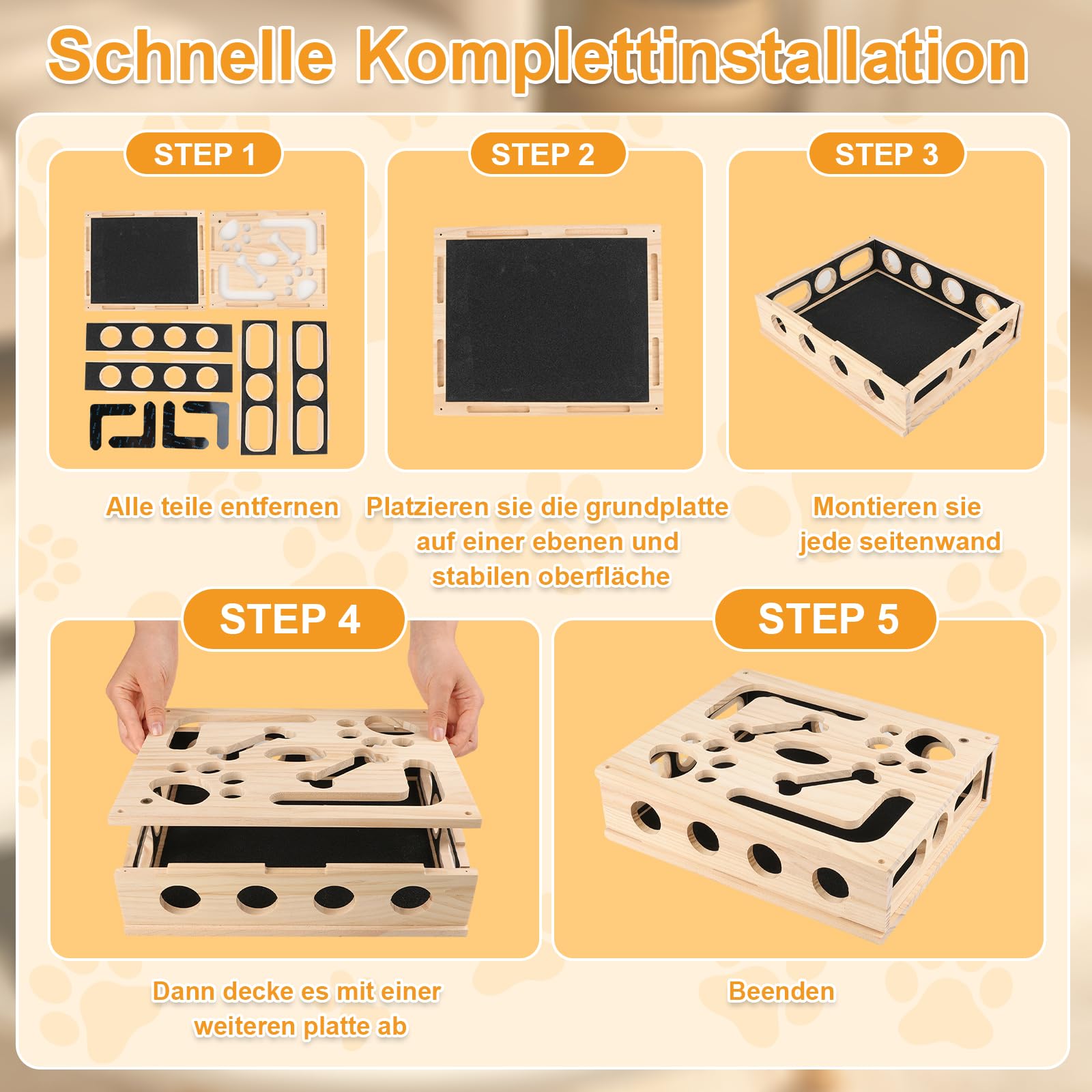 2-in-1 Kratzpuzzle Katzen Set, Katzen Kratzbrett mit Sandpapier, 3 Glockenbällen， Feder und 4 Antirutschmatte, Interaktives Kratzboxen für Katzen Spielen, Entspannen und Krallenwetzen 30x25x8cm